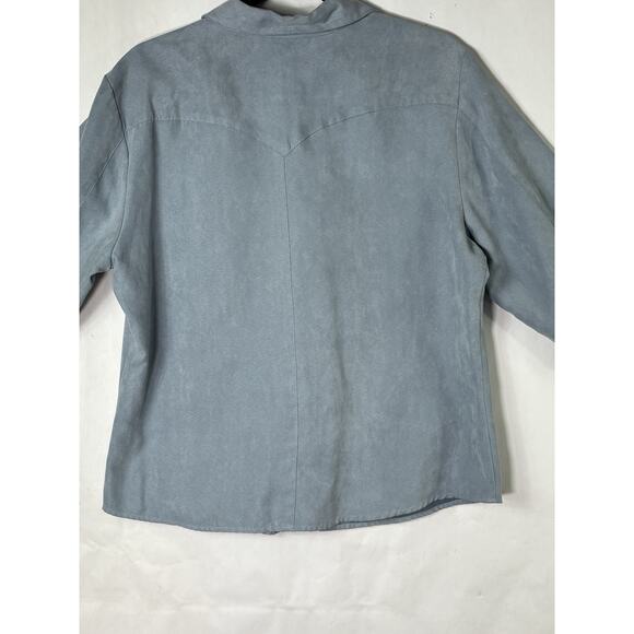 Rod's Womens Large Western Pearl Snap Shirt FLORAL Blue Microsuede Faux Suede LS - Picture 6 of 12